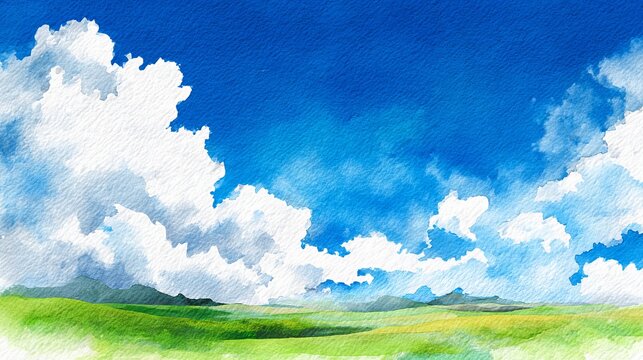 Watercolor sky with fluffy white clouds over a vibrant green meadow and distant rolling hills