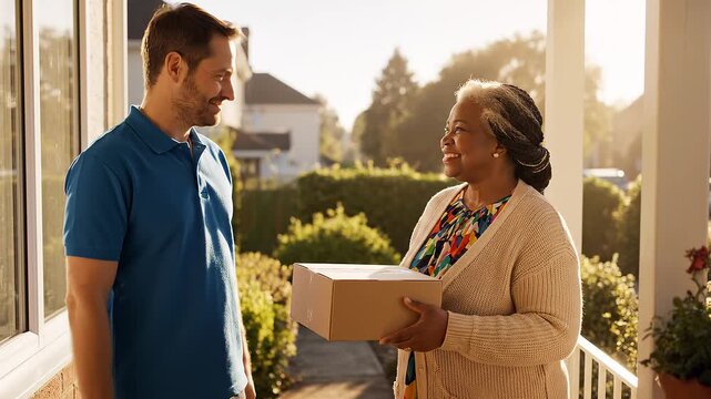 Delivery courier handing cardboard parcel box to customer at front door