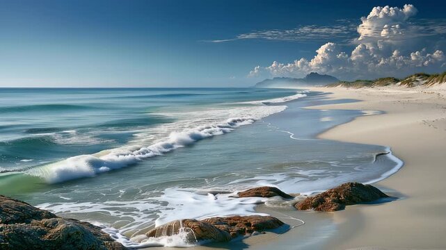 Crystal clear turquoise ocean waves washing onto pristine white sandy beach under blue sky with peaceful tropical coastline