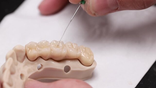 Dental technician positioning twisted wire into ceramic bridge fissure on resin model with precision in clinical laboratory setting, highlighting detailed prosthodontic work and fine craftsmanship