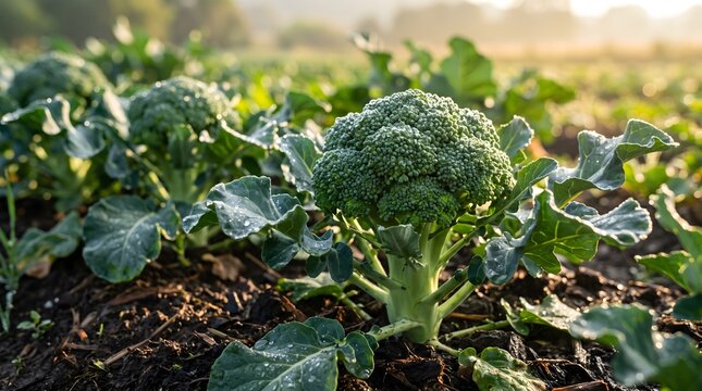 Fresh organic broccoli head growing in a sunny agricultural field with morning dew drops on green leaves at sunrise