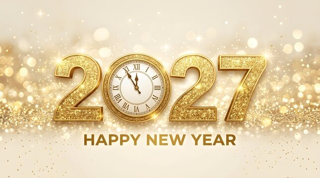 Premium Happy New Year 2027 horizontal banner with glittering gold numbers, vintage clock showing midnight, and glowing golden bokeh light effect.