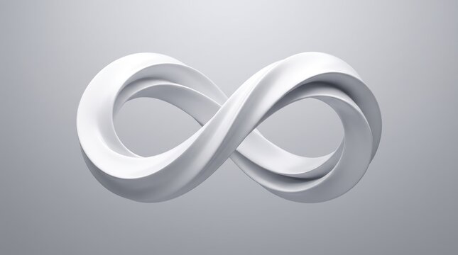 Abstract white infinity symbol loop isolated on grey, ed of endless continuity, mathematics, eternal love, or unlimited potential for design projects and creatives.