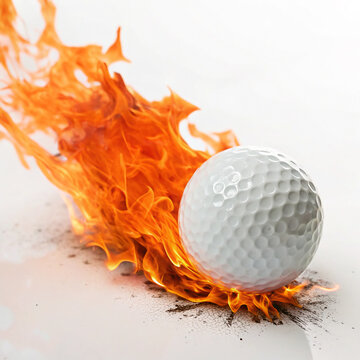 Golf ball flying fast with strong powerful orange fire trail