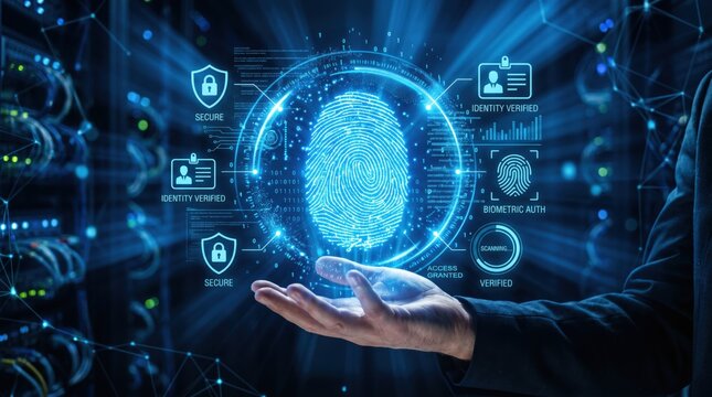 Biometric fingerprint scanning identity verification system, secure digital access control technology, cyber security data protection, futuristic hologram interface with business