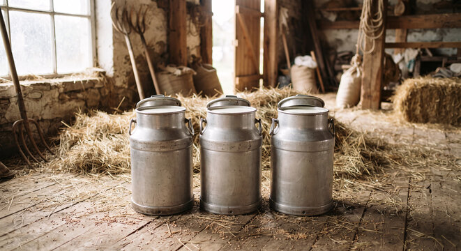 Three vintage aluminum milk cans filled with fresh milk inside traditional rustic barn with hay