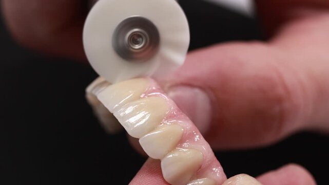 Dental polishing wheel rotating against front tooth surfaces in clinical close-up, held steady by fingertips with visible blur, glossy enamel and light residue, with dental, tooth, teeth, polish