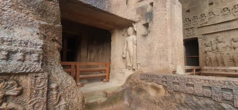 Historic Relief Carvings and Stone Columns at Entrance of Great Chaitya  in Kanheri Caves, Mumbai, Maharashtra, India 