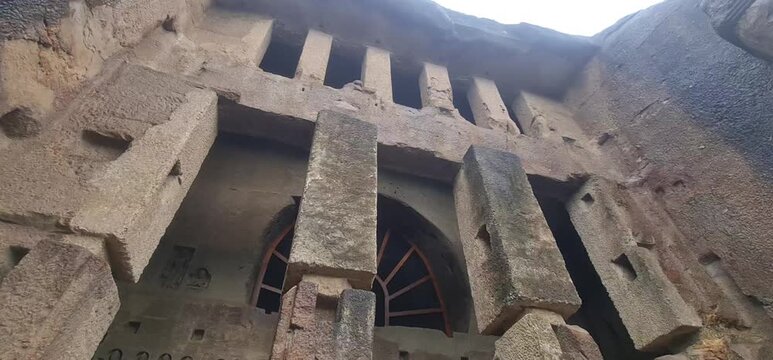 Historic Relief Carvings and Stone Columns at Entrance of Great Chaitya  in Kanheri Caves, Mumbai, Maharashtra, India 