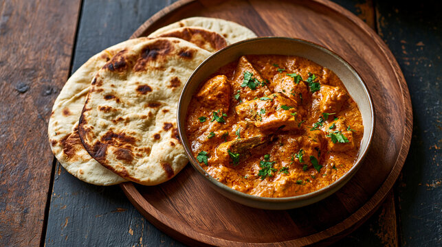 Delicious chicken tikka masala with naan bread on a rustic wooden plate. Perfect for Indian restaurant menu and dining.