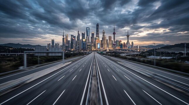 A dramatic view of modern city skylines with a wide empty highway leading towards the illuminated urban center