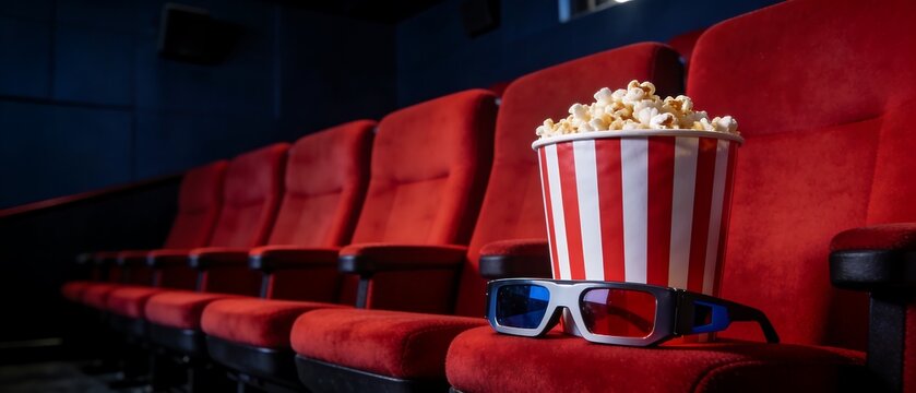 Popcorn bucket and 3D glasses on red seats in empty movie theater