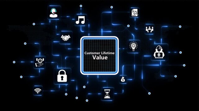 Customer Lifetime Value framework layout featuring technical icons and neon blue glowing circuit nodes over abstract dark space background scene.