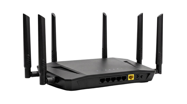 Modern wireless router with six antennas, high-speed dual-band wifi router for home office, black internet gateway device on white background