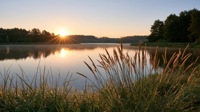 Summer morning lake sunrise grass reed water reflection forest nature landscape with warm light over calm shore, peaceful emotion, natural wetland habitat, clear sky, rural outdoor scene
