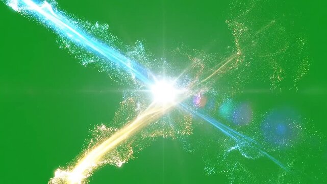 Energetic bursts of light and particles clash and explode in a vibrant, abstract display.