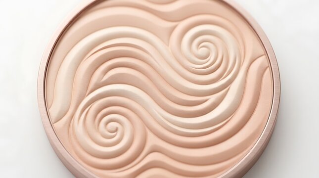 Round makeup powder compact with swirl pattern of light beige and soft pink colors for face beauty. poudres