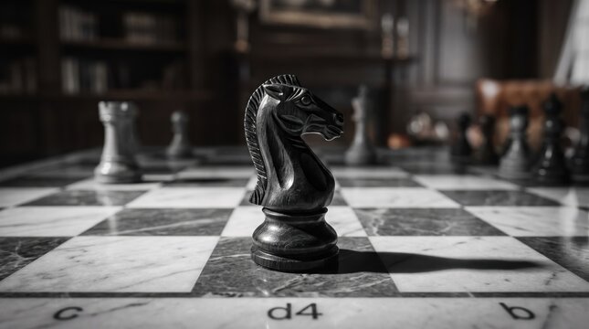Close up of black knight chess piece on marble board representing strategy planning leadership competition success and winning game concept in business or life challenges