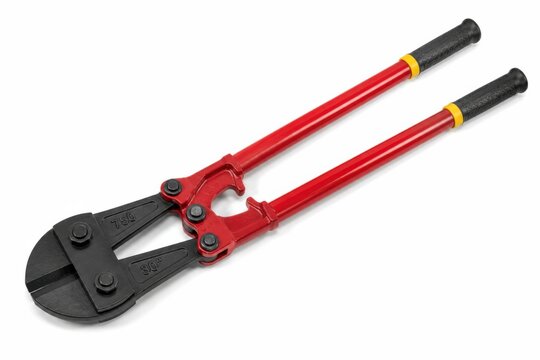 Heavy-duty bolt cutter trimming metal wire. Industrial cutting tool for construction and electrical work