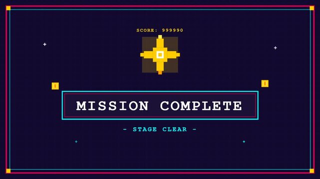 Retro arcade mission complete screen celebration.