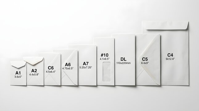 Set of various white paper envelopes. Different standard sizes for business and mailing.