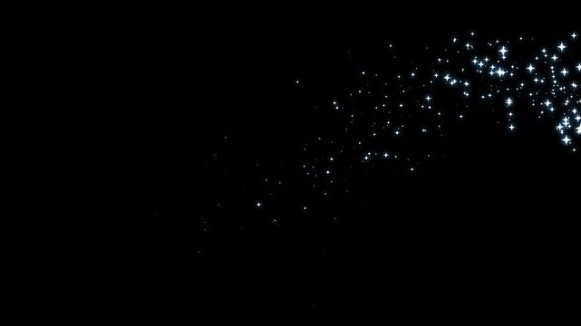 Glowing white glitter particles with magic sparkle trail, fairy dust swirl, twinkling stars burst, seamless curved shimmer motion, shiny pixie light transition, transparent black screen 4k animation