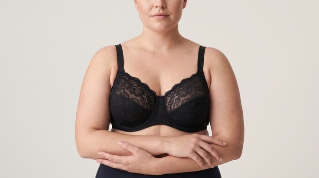 Confident woman in black lingerie posing against neutral background