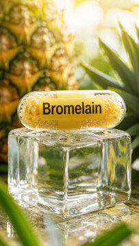 A bromelain supplement is displayed on a glass stand. In the background, a pineapple and green leaves are visible. Light shines on the objects, highlighting their colors