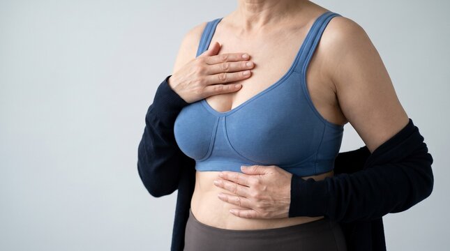 Woman in blue sports bra checking breast health indoors