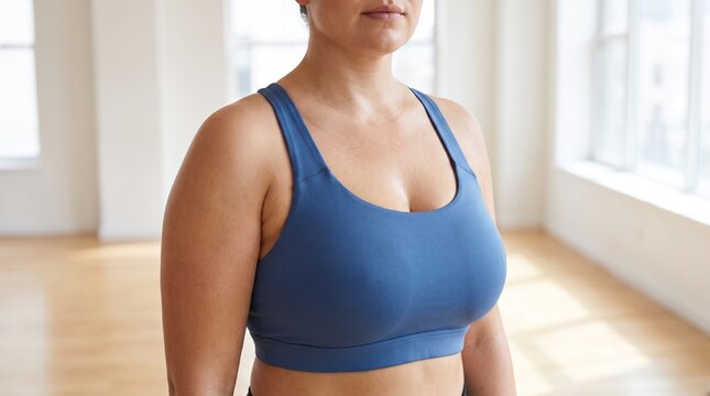 Woman in blue sports bra standing in bright fitness studio