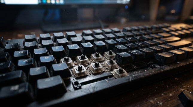 Close-up of a dirty keyboard with missing keycaps and backlighting  