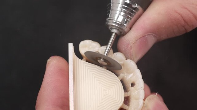 Close-up dental prosthesis finishing with rotary handpiece trimming occlusal edge under studio lighting, technician steadying model for precise laboratory work and smooth surface shaping