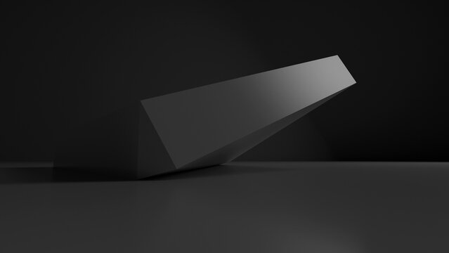 Minimal dark still life featuring a geometric ramp-like sculpture on a platform, strong contrast and soft highlights creating dramatic shadows and a modern architectural abstract mood. 3d render 
