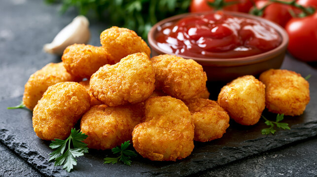 Crispy tater tots piled with ketchup and parsley garnish on a slate serving board