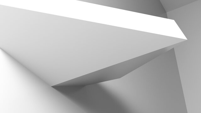 Minimal white architectural composition featuring intersecting geometric planes, angled ceilings and strong directional light creating dramatic shadows and depth. Clean abstract mood. 3d rendering