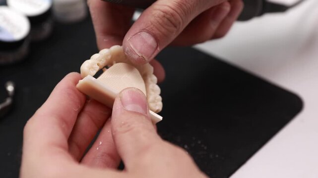 Hands trimming pale beige dental arch with handheld rotary cutting disc in soft diffuse light, fine dust rising from prosthetic surface during precise lab work, with dental, prosthetic, resin, arch