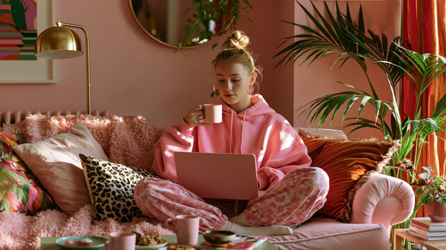 Young woman in pink hoodie working on laptop with coffee on cozy sofa at home