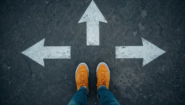  Crossroads of Decision: A person stands at a junction of three directional arrows painted on an asphalt road, symbolizing a moment of choice and the contemplation of different paths forward.