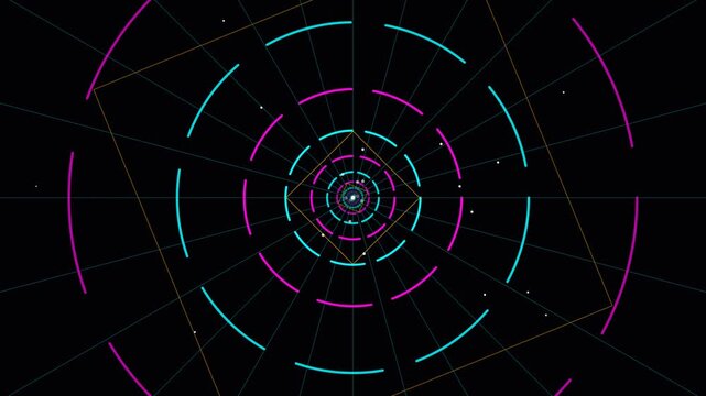 Abstract Digital Tunnel with Neon Pink and Cyan Arcs, Futuristic Geometric Grid Background for Technology, Space, and Cyberpunk Concepts.