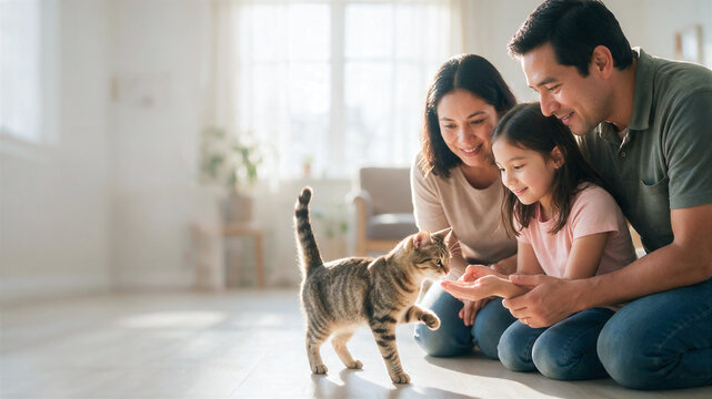 Adopting animals from a local shelter, kitten meets its foster family, girl extends open palm to tabby cat, copy space for a text about caring for homeless animals and helping the shelter adopt pets