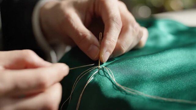 Tailor hands hand sewing green silk fabric with a needle and thread