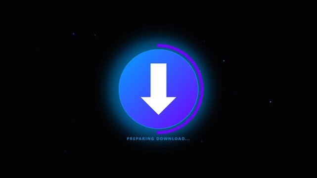 Futuristic Digital Download Icon with Blue Glowing Circle and White Arrow on Dark Background, Preparing Download Progress Bar Interface Element