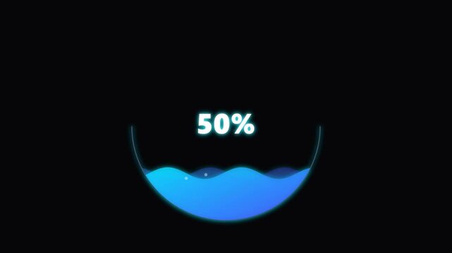 Futuristic 100 Percent Loading Progress Bar Icon with Blue Liquid and Wave Effect on Black Background for UI Design and App Development