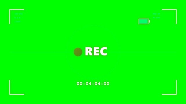 Camera Recording Interface HUD Overlay on Green Screen Chroma Key Background with Timecode and Battery Status for Video Production