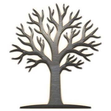 Minimalist wooden tree silhouette, dark brown wood grain bare tree cutout, rustic decorative family tree symbol on white background