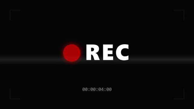 Video Camera Recording Interface Screen Overlay with Glowing Red Rec Dot and Digital Timecode Counter on Black Background