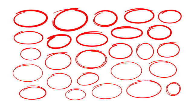 Sketch-style red oval circles isolated on transparent background for highlighting text and notes.