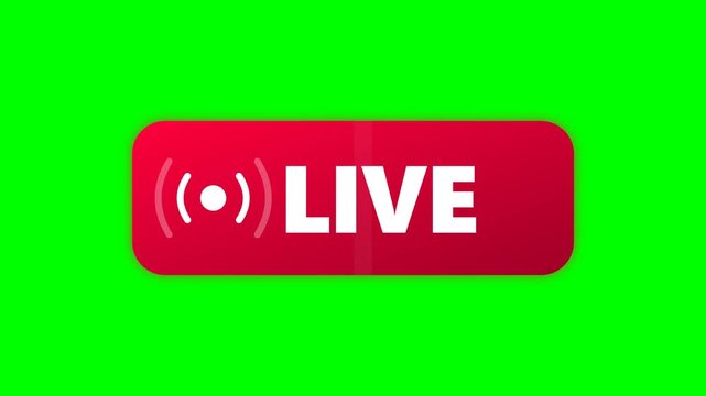 Red live streaming icon with white text and broadcast signal on a green screen background, perfect for social media and online video production