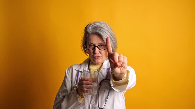 Senior female doctor holding glass of water and making stop gesture with finger on yellow background. Concept for medical warning, self medication prevention, bad habits, and advice.
