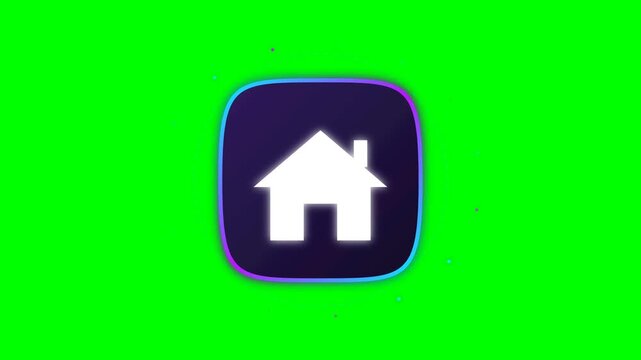 Minimalist Home House Icon with Glowing Neon Border on Green Screen Chroma Key Background for App UI and Web Design Interface